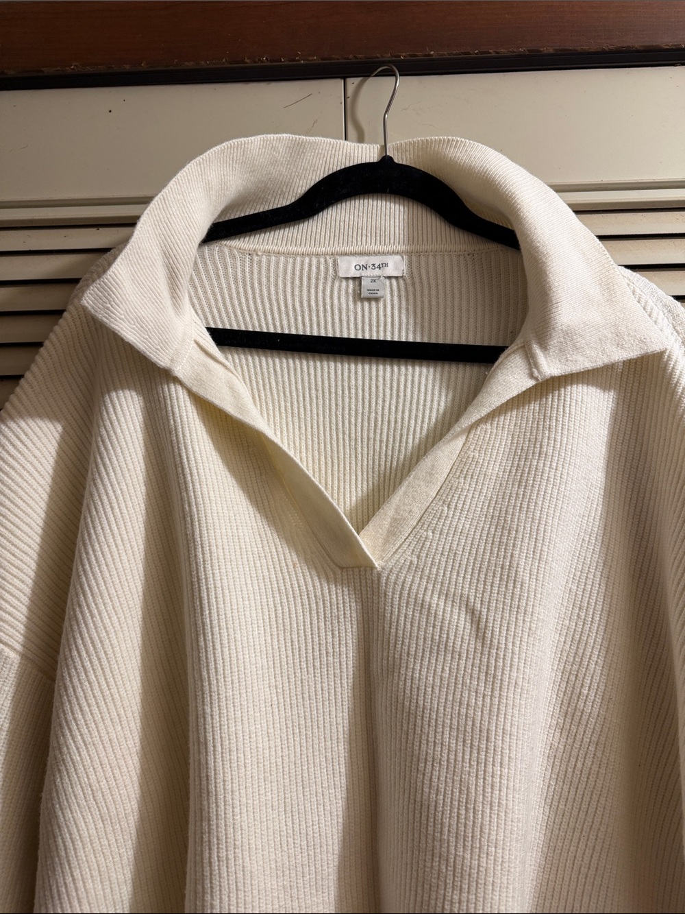 ON·5th Cream Ribbed V-Neck Collared Sweater